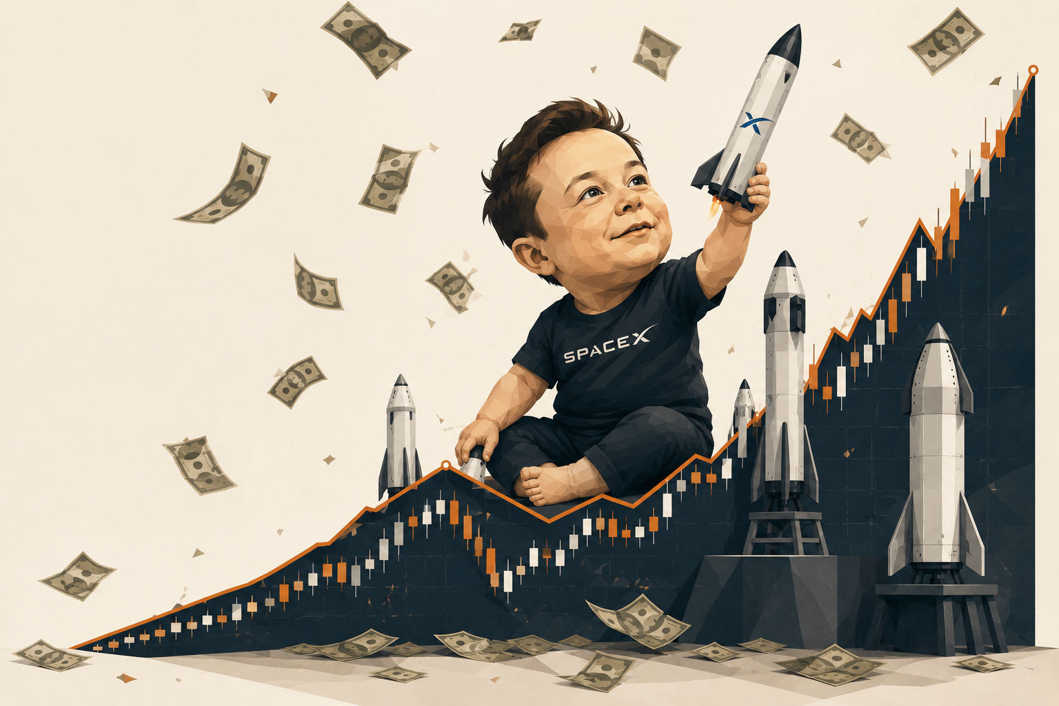 Illustration: a toddler caricature of Elon Musk in a SpaceX t-shirt, sitting atop a rising candlestick stock chart and holding a SpaceX rocket aloft, surrounded by falling cash and rockets on launch pads
